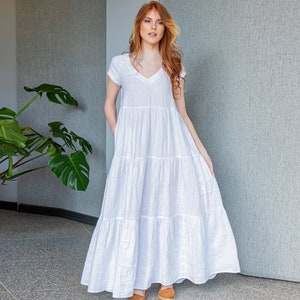Linen Maxi Dress, White Linen Dress, Summer Maxi Dress, Short Sleeve Linen Dress, Linen Dress With Pockets, Classic Linen Dress Plus Size