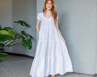 Linen Maxi Dress, White Linen Dress, Summer Maxi Dress, Short Sleeve Linen Dress, Linen Dress With Pockets, Classic Linen Dress Plus Size