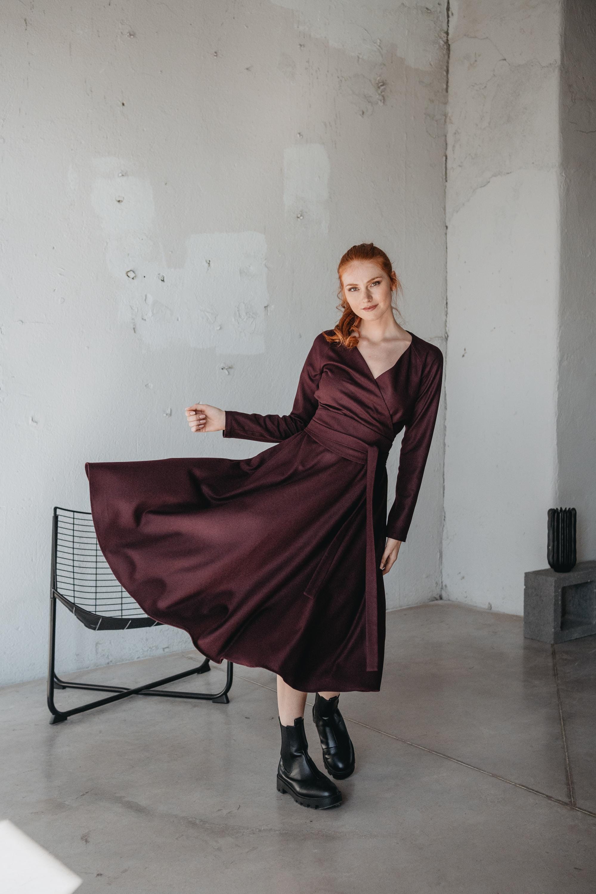 wool burgundy dress Burgundy Wool Winter Dress for Women, Fall Midi Dress with Pockets, Classic Wool Dress, Wool Clothing, Winter Warm Formal Dress, XL / Dark Green with