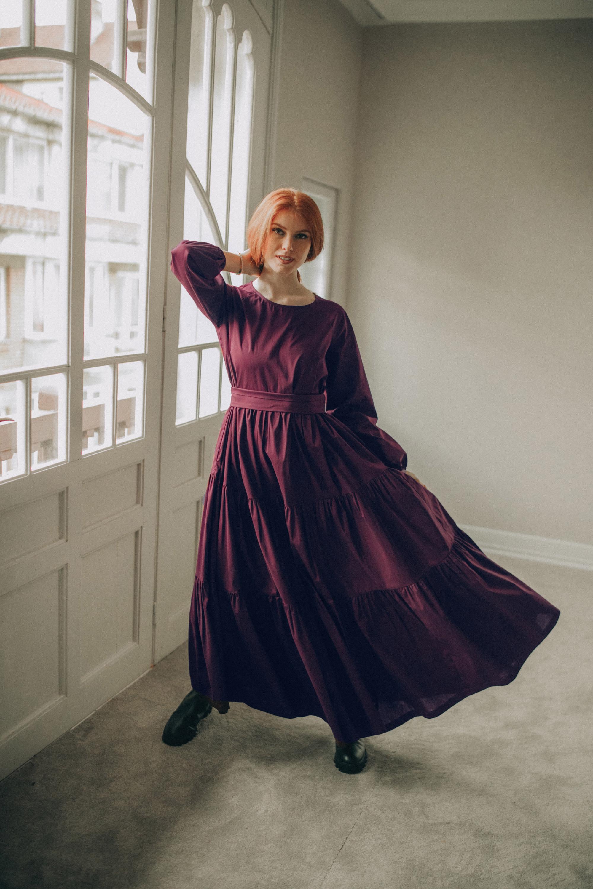 muted burgundy dress Burgundy Tiered Cotton Maxi Dress, Tie Waist Boho Gown for Women, Wedding Guest Outfit, Fall Dress, Spring Clothing, S / Dark Green