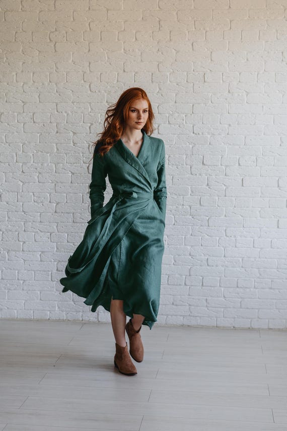 Heavyweight Linen Wrap Dress in Midi Length - Petrol Blue Linen Wrap Dress - Fall Linen Dress - Flowy Dress, XS / Sea Green Heavyweight Linen Wrap Dress in Midi Length - Petrol Blue Linen Wrap Dress - Fall Linen Dress - Flowy Dress, XS / Sea Green