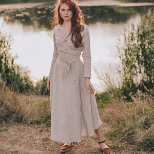 Wrap Linen Dress, Heavy Linen Dress for Women, Long Sleeve Linen Dress, Linen Midi Dress, Plus Size Maxi Dress, Bohemian Dress, Casual Dress image 5