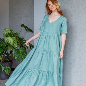 Linen Tiered Dress Dusty Turquoise Dress Victorian Dress - Etsy