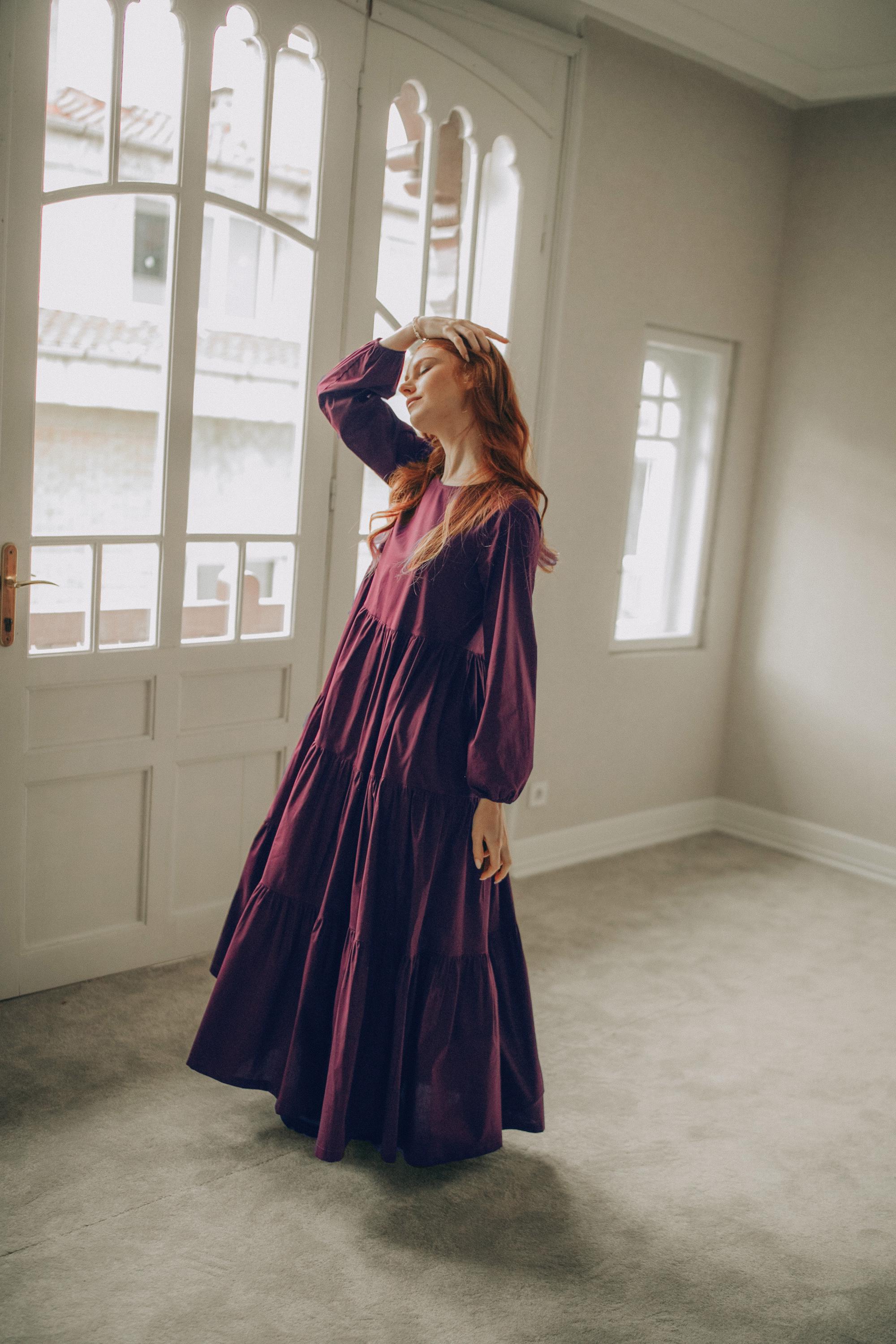 Burgundy Tiered Cotton Maxi Dress, Tie Waist Boho Gown for Women, Wedding Guest Outfit, Fall Dress, Spring Clothing, S / Burgundy