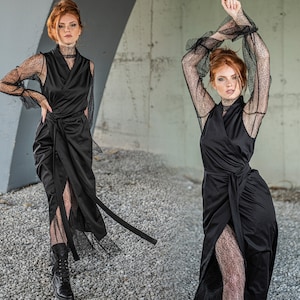 Black Lace Dress, Gothic Maxi Dress, Wrap Dress, Cocktail Dress, Prom Dress, Elegant Vest Dress, Party Dress for Women, Plus Size Clothing