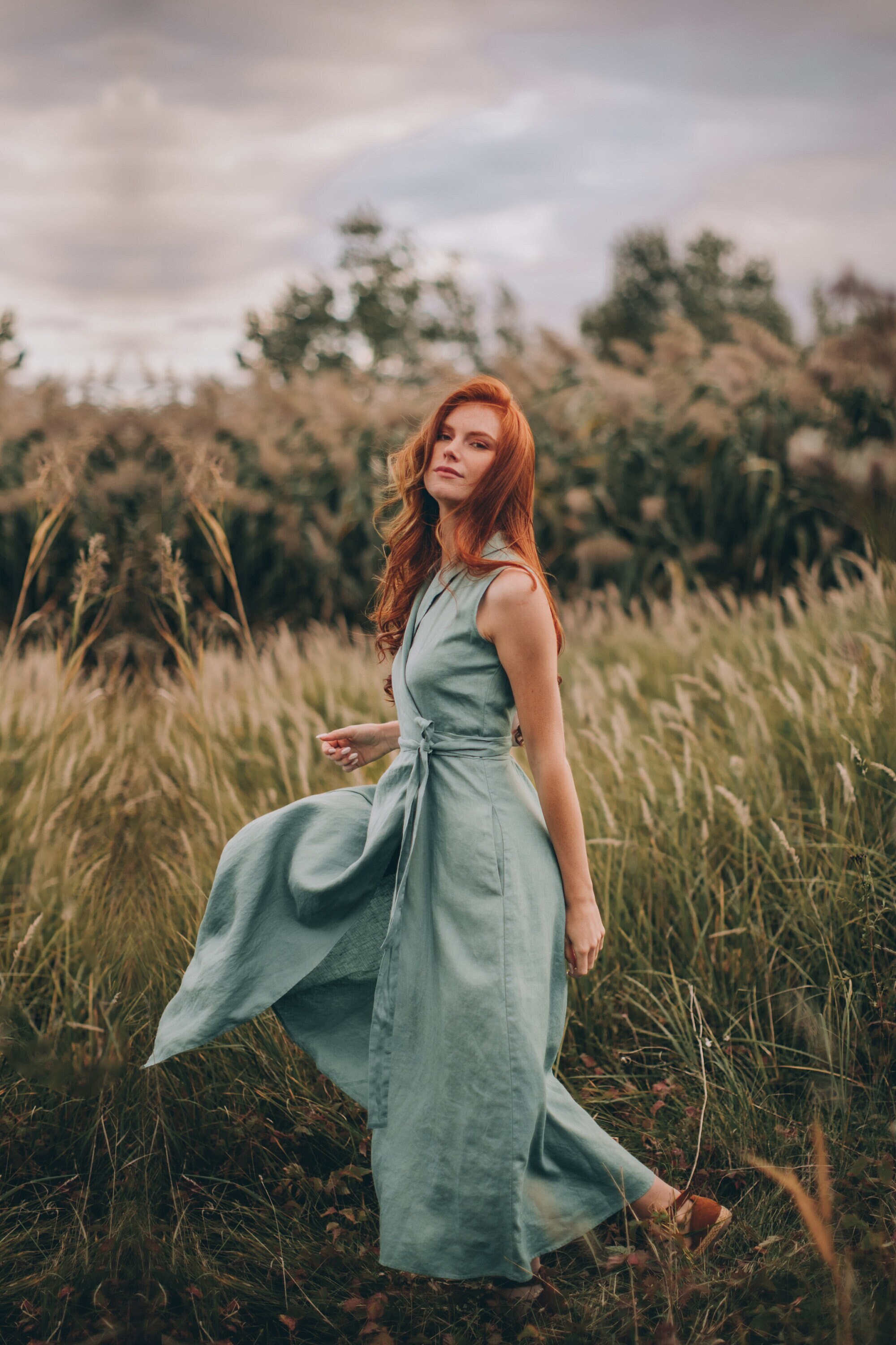 Wrap Linen Dress for Women Dusty Turquoise Linen Dress Women - Etsy