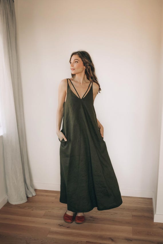 Summer Linen Maxi Dress - V Neck, Open Back, Cross Back Straps, Pockets