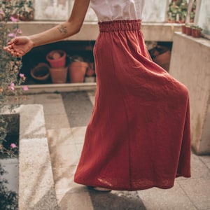 Maxi Linen Skirt with Pockets and Elastic Waist in Moroccan Red, Summer Linen Skirt for Women, Spring Everyday Skirt,Linen Comfortable Skirt