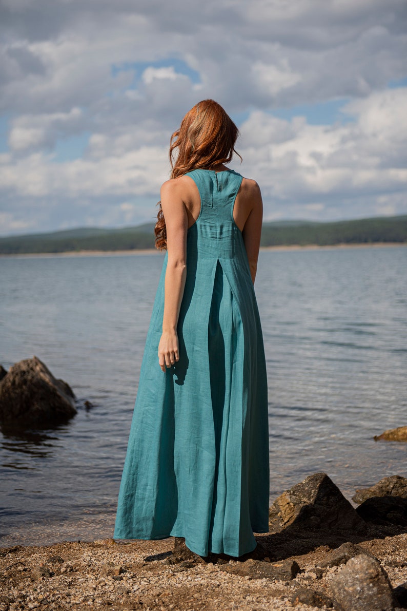 Linen Maxi Dress, Blue Green Dress, Sleeveless Maxi Dress, Linen Summer Dress, Plus Size Clothing Women, Linen Beach Dress, Linen Clothing image 5
