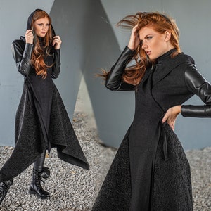 Black Winter Coat Women, Maxi Coat, Cyberpunk Coat, Black Hooded Coat, Long Coat, Plus Size Clothing, Leather Coat Jacket, Women Hoodie