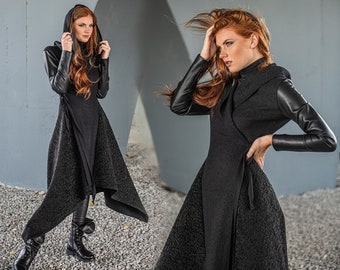 Abrigo de invierno mujeres, abrigo maxi, abrigo cyberpunk, abrigo con capucha negro, abrigo largo, ropa de talla grande, abrigo de cuero, sudadera con capucha de mujer, chaqueta de abrigo de lana