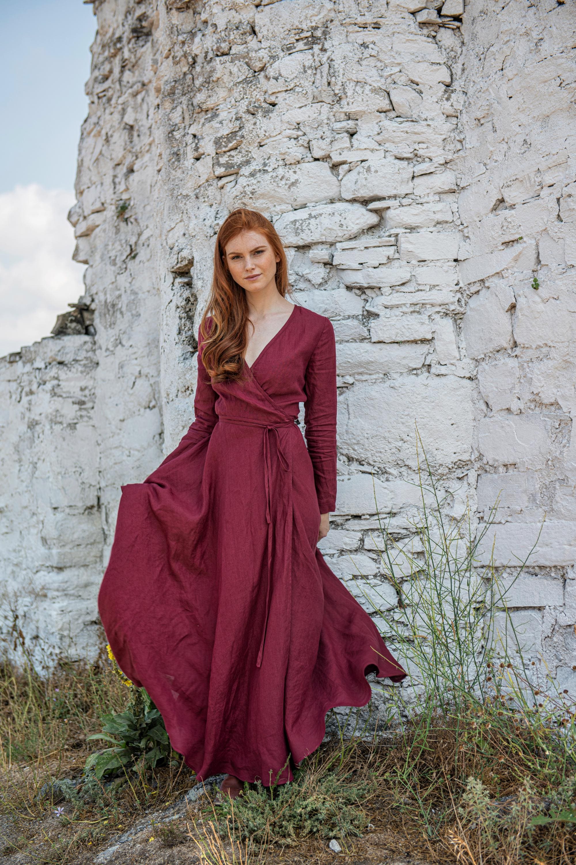 AND MARY　Rojina ribbon dress　グレー Long Linen Wrap Dress, Burgundy Linen Dress, Linen Maxi