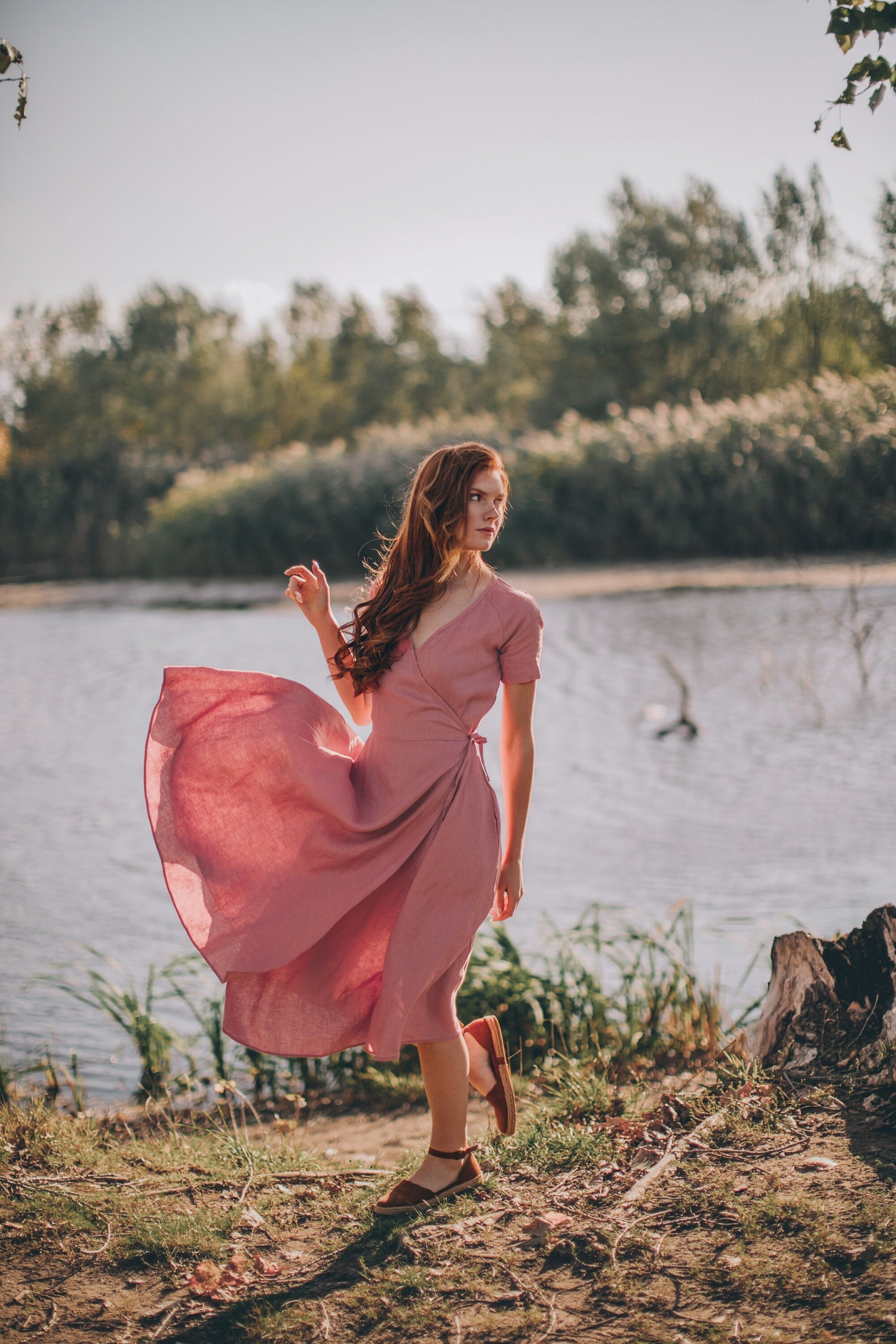 Blush Pink Wrap Dress Linen Midi Dress Linen Dress Linen - Etsy Singapore