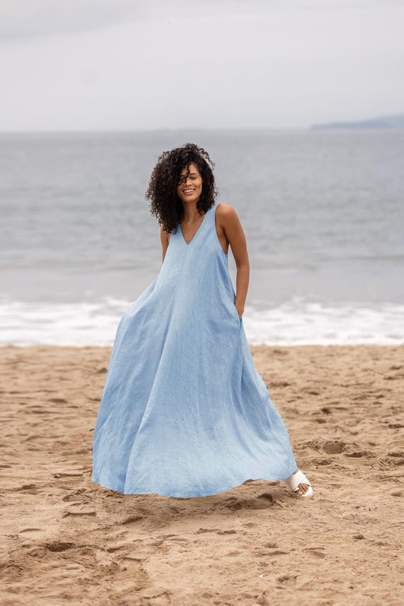 Light Blue Linen Maxi Dress With Pockets, V-neck Racer Back Dress, Boho Clothing