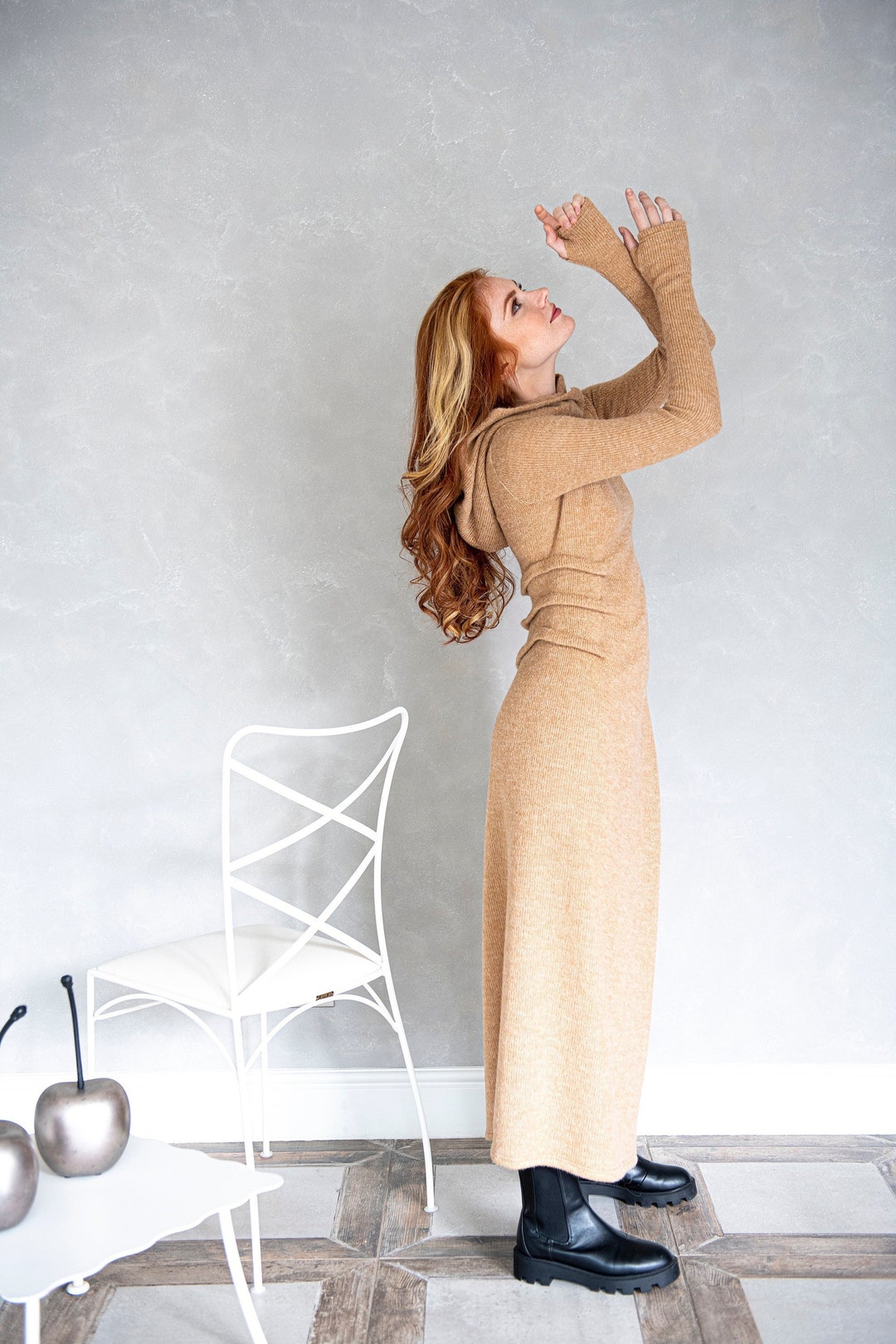 スカート Off-White Long hooded dress Women Maxi Dress, Loose Hooded Dress, Spring Kaftan Dress