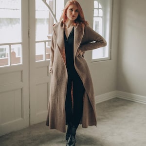 Wool Maxi Cardigan Coat: Hooded, Belted, with Pockets, Fall Winter Clothing image 2