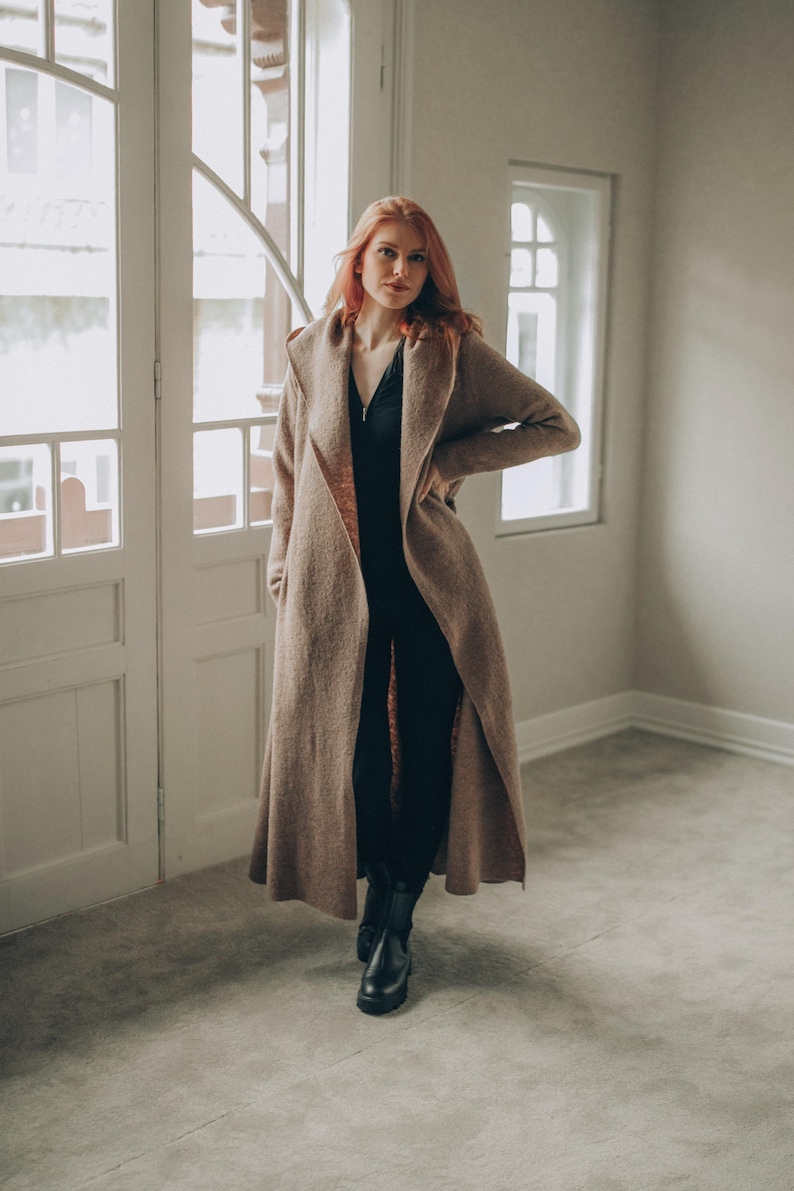 Wool Maxi Cardigan Coat: Hooded, Belted, with Pockets, Fall Winter Clothing image 2