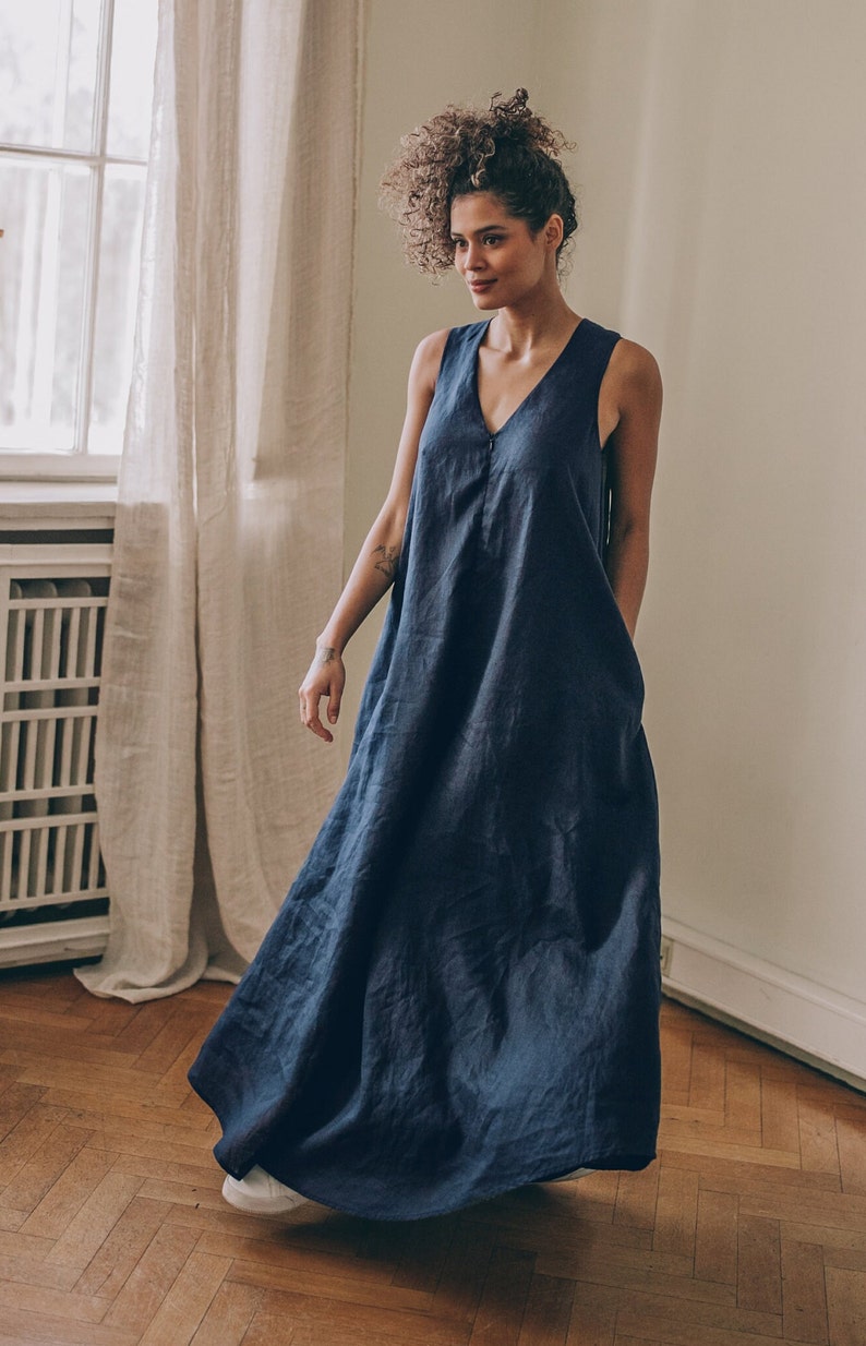 Maxi robe combinaison en lin, combinaison d'été en lin pour femme, combinaison ample en lin, combinaison bohème surdimensionnée, salopette en lin grande taille femme image 5