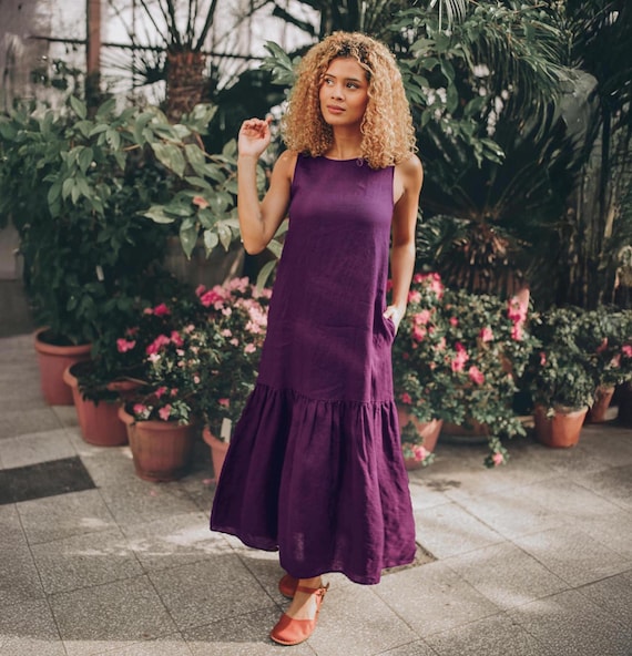 knee length dresses for ladies Devotion Twins Brussels Purple V-Neck 3/4 Sleeve Ruffle Tiered Midi Dress Size S