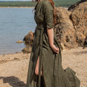 Green Linen Dress, Linen Wrap Dress, Linen Clothing, Long Wrap Linen Dress for Women, Plus Size Dress, Linen Maxi Dress Kaftan Dress