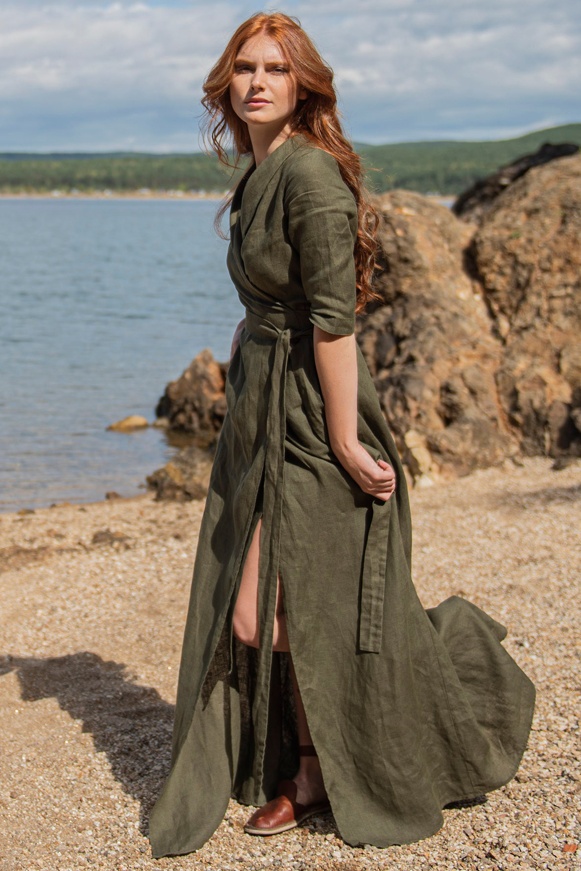Emerald Green Linen Maxi Dress, Boho Kimono Wrap Dress, Linen Clothing Women