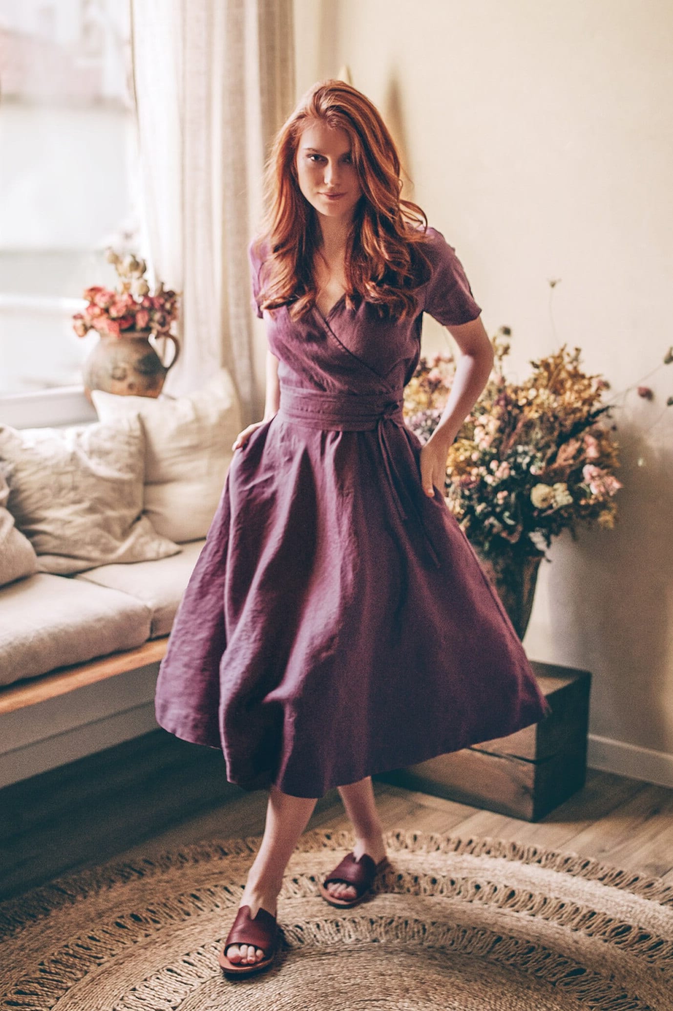 Burgundy Linen Faux Wrap Dress - Midi Length with Tie Waist and Pockets Burgundy Linen Faux Wrap Dress - Midi Length with Tie Waist and Pockets