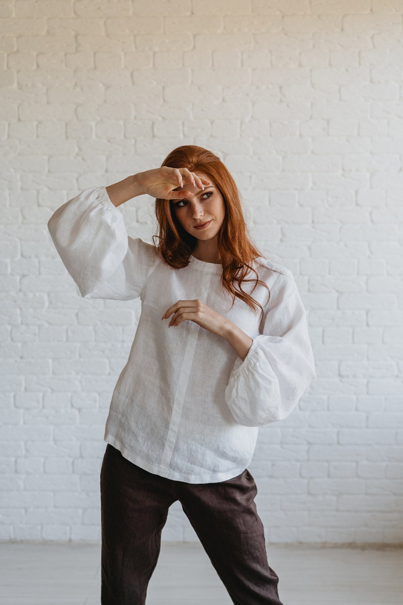 White Linen Shirt with Puff Sleeve, Heavy Linen Blouse for Women, Linen Victorian Shirt, Bishop Sleeve Linen Tunic, Fall Linen Clothing image 2