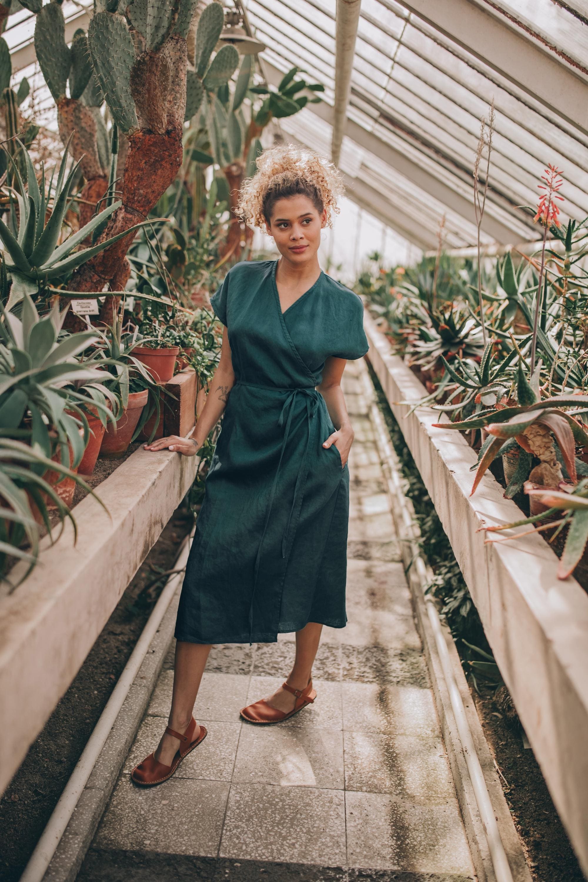 Linen Wrap Dress with Cap Sleeves: Dark Green Midi Summer Dress Linen Wrap Dress with Cap Sleeves: Dark Green Midi Summer Dress