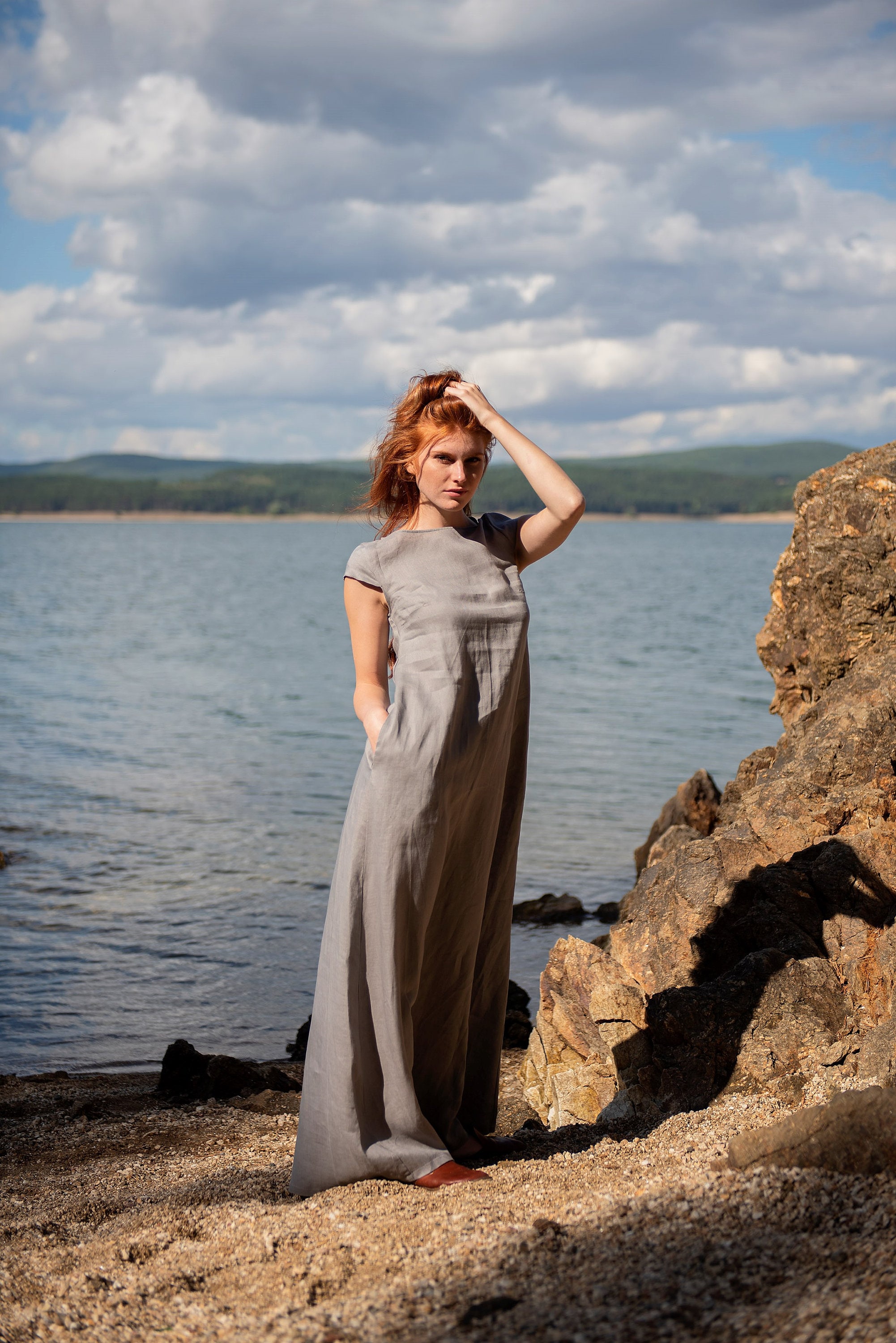 READY TO SHIP Linen Maxi Dress, Long Linen Dress, Linen Clothing for Women, Cup Sleeve Dress, Plus Size Maxi Dress,summer Dress