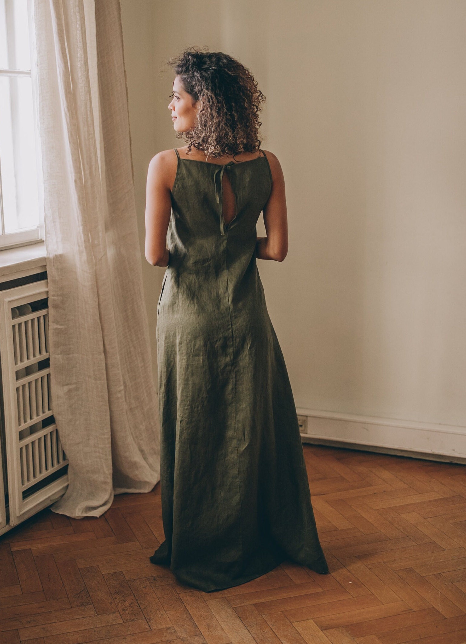 Handmade Ochre Linen Maxi Dress: Sleeveless Boho Summer Clothing