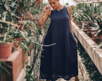 Navy Blue Linen Midi Dress: A-Line with Pockets, Linen Clothing for Women