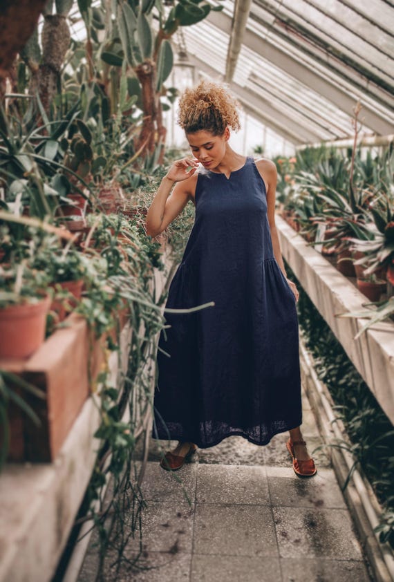 navy blue dress for baby girl Loose Linen Midi Dress, Summer Midi Dress, Navy Blue Linen Dress, Linen Dress with Pockets, Pleated Linen Dress, Linen Dress for Women, S / Gray
