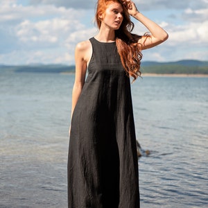 Linen Dress for Women, Linen Maxi Dress, Minimalist Black Dress, Summer Dress, Plus Size Linen Clothing, Black Linen Dress, Sleeveless Dress