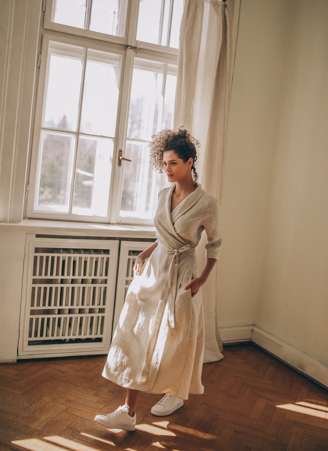Linen Wrap Dress with Shawl Collar and Pockets, Midi Length, Boho Clothes