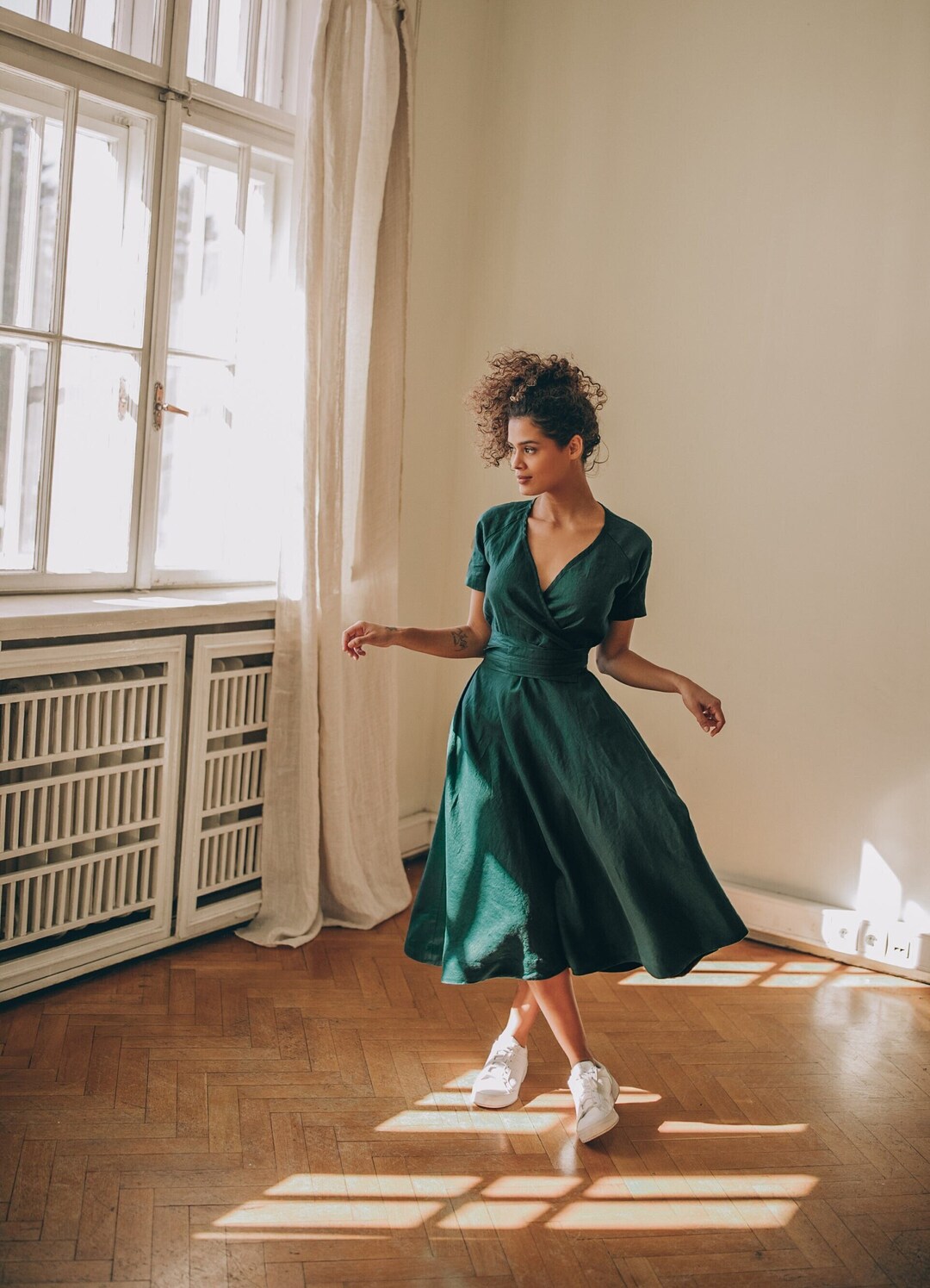 Jasmine Linen Dress in Dark Emerald Green