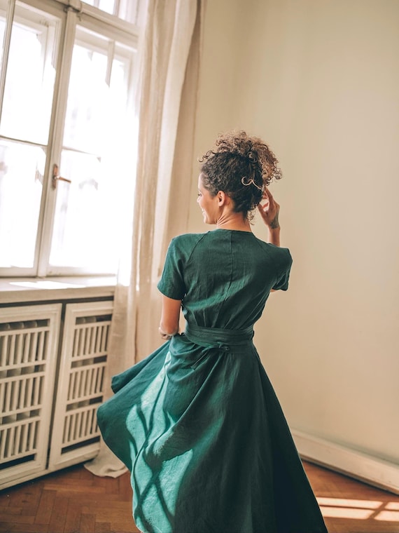 Green Linen Midi Dress with Pockets: Classic Tie Waist Summer Dress, Obi Belt