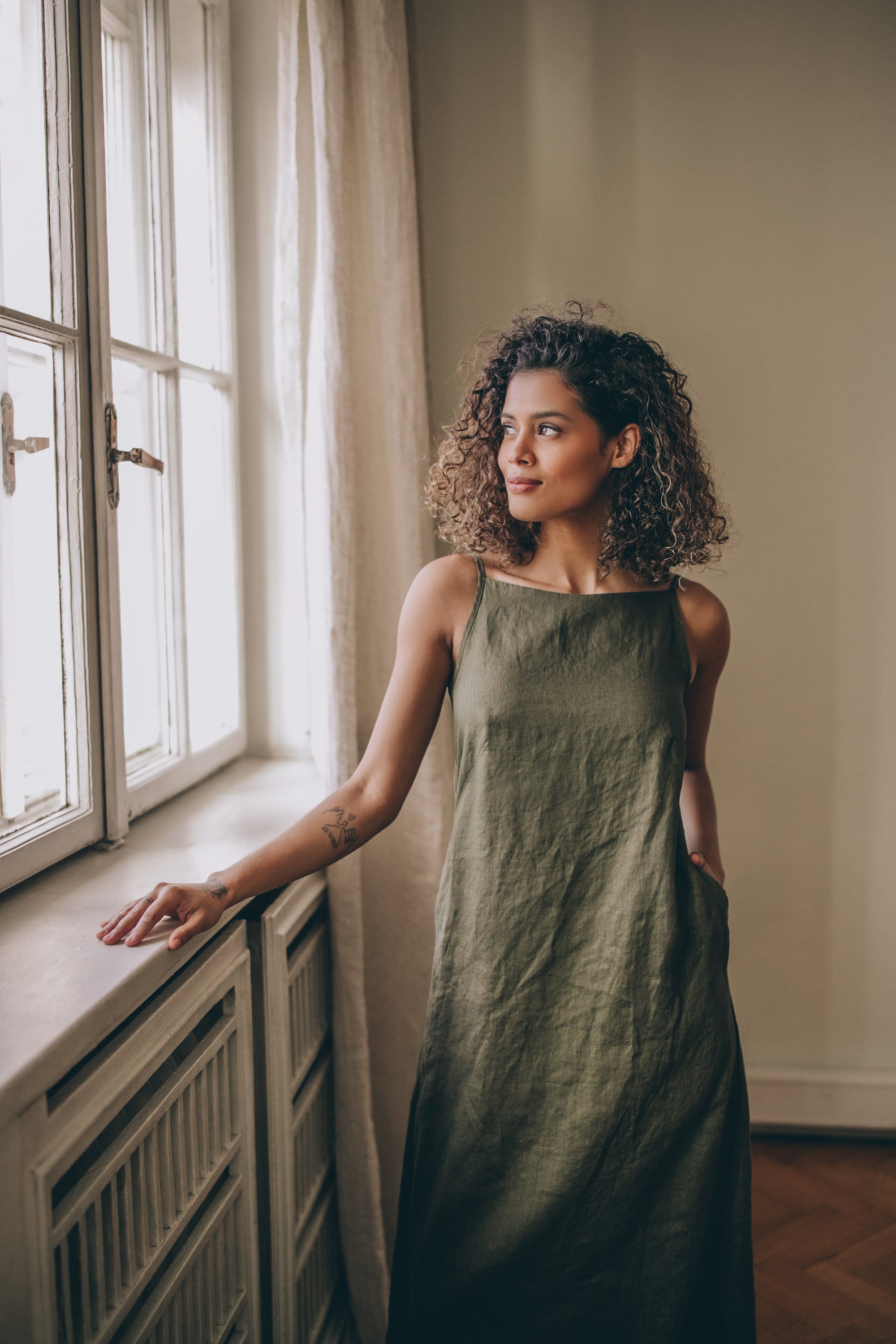 Handmade Ochre Linen Maxi Dress: Sleeveless Boho Summer Clothing