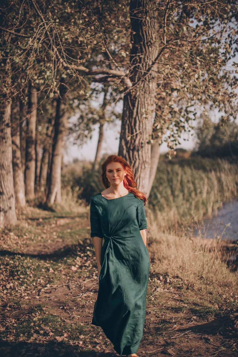 Deep Green Linen Dress, Linen Maxi Dress, Linen Dress Women, Summer Maxi Dress, Emerald Linen Dress, Elegant Linen Dess, Plus Size Clothes image 3