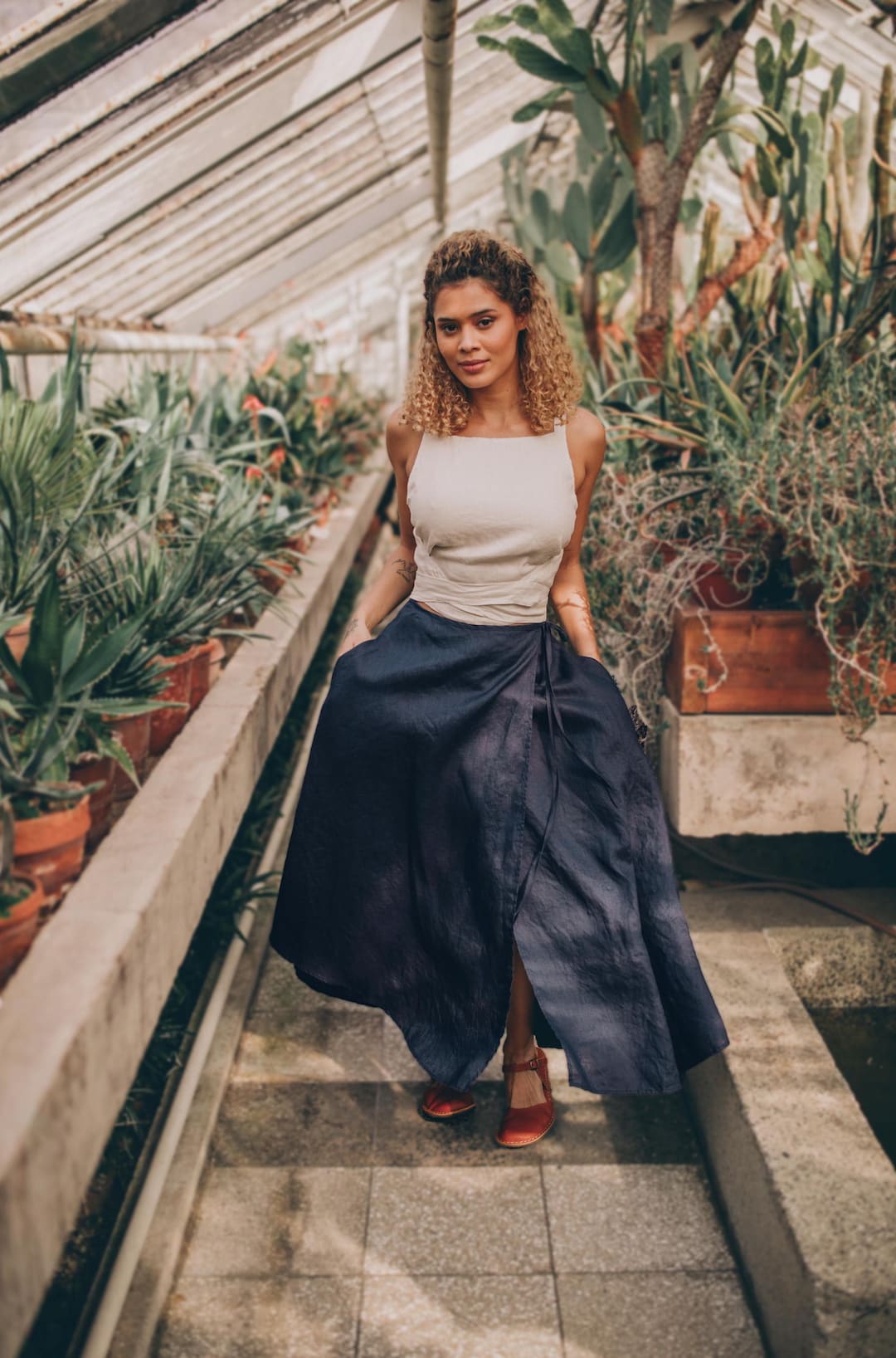 Linen Skirt with Side Slits in Navy