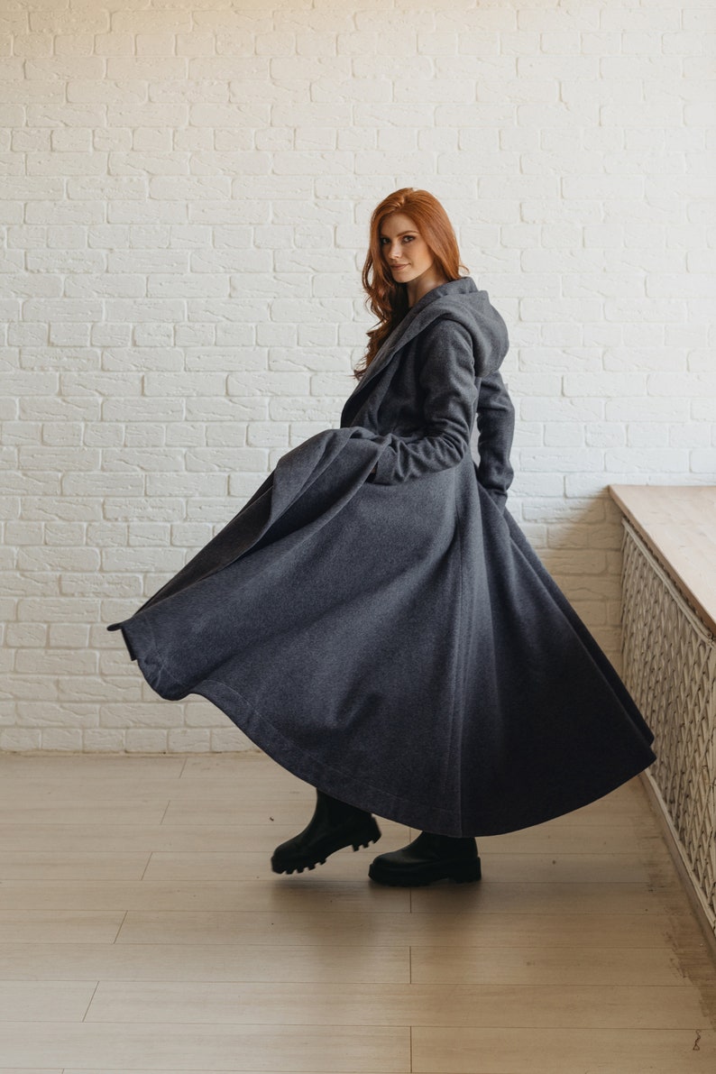 Wool Coat for Women, Burgundy Winter Coat, Winter Coat with Hood, Princess Coat, Long Trench Coat, Plus Size Clothing, Wool Swing Coat Gray