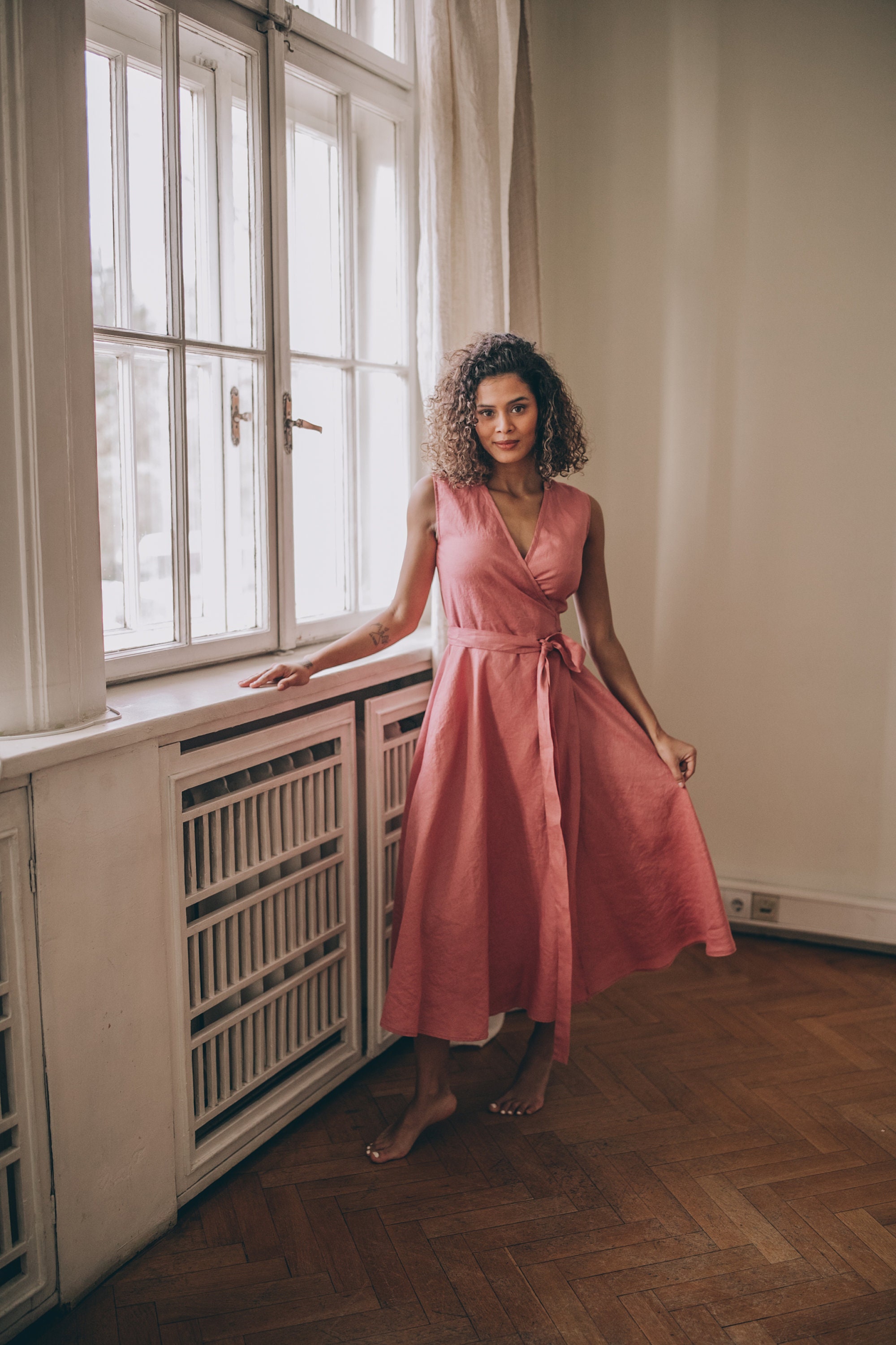 pink wrap dress Flowy Hot Women's Maxi XL clean finished Gold metal inside snap button Gold outside shank button Midi length Main Fabric Glitzy Draped Wrap Mini Dress