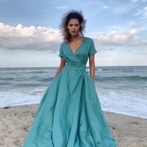 Blue Green Linen Dress, Linen Wrap Dress, Summer Maxi Dress, Linen Dress with Belt, Bohemian Maxi Dress, Plus Size Linen Dress, Linen Kaftan image 1