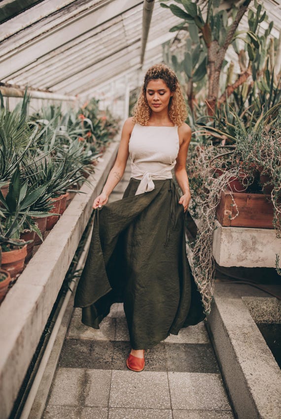 Linen Wrap Maxi Skirt: Women's Boho Spring Summer Skirt With