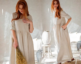 Naturlig linnemaxiklänning med fickor, bohemisk kaftan, lång linneabaya