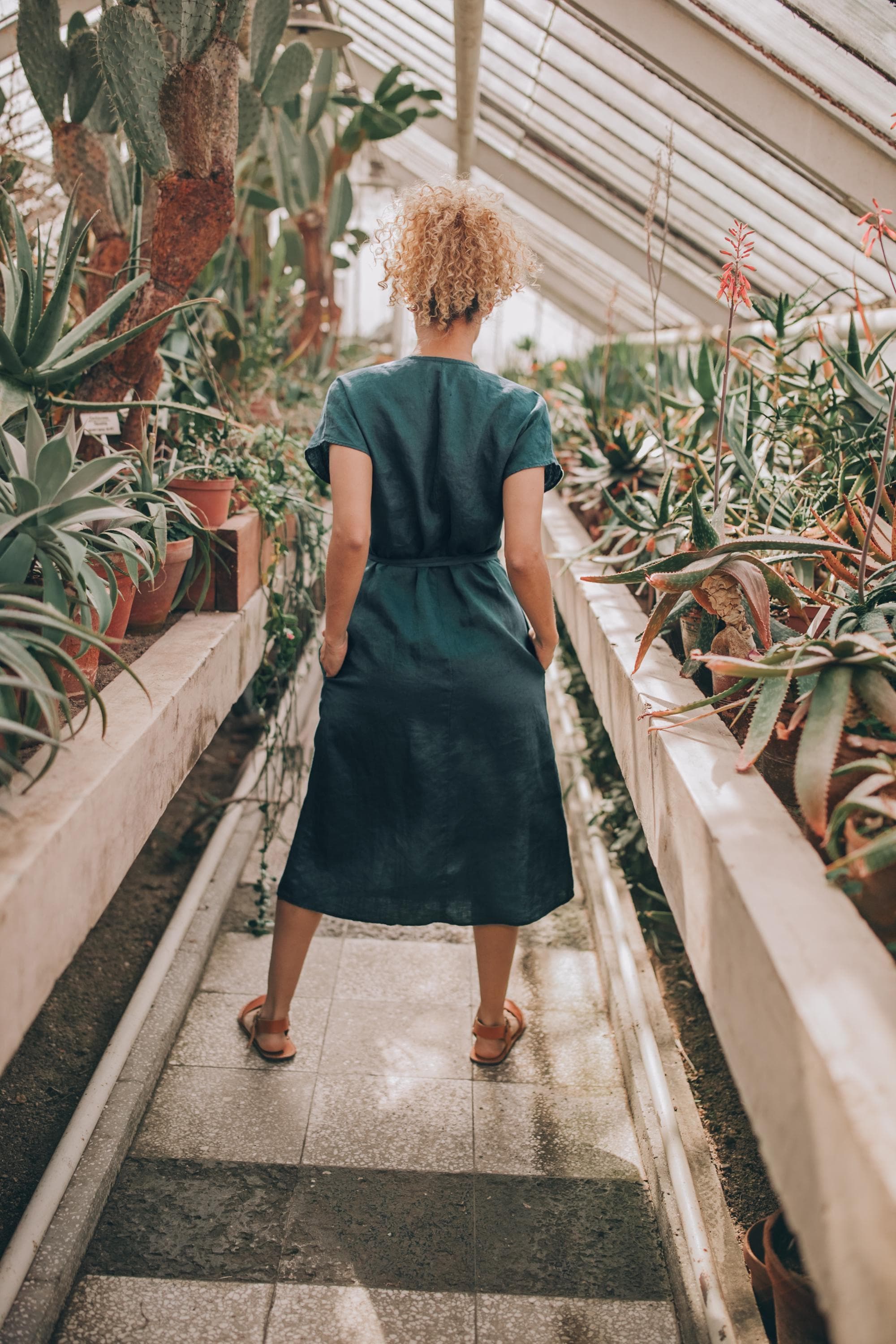 Linen Wrap Dress with Cap Sleeves: Dark Green Midi Summer Dress Linen Wrap Dress with Cap Sleeves: Dark Green Midi Summer Dress
