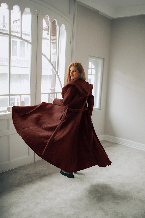 Wool Maxi Cardigan Coat: Hooded, Belted, with Pockets, Fall Winter Clothing