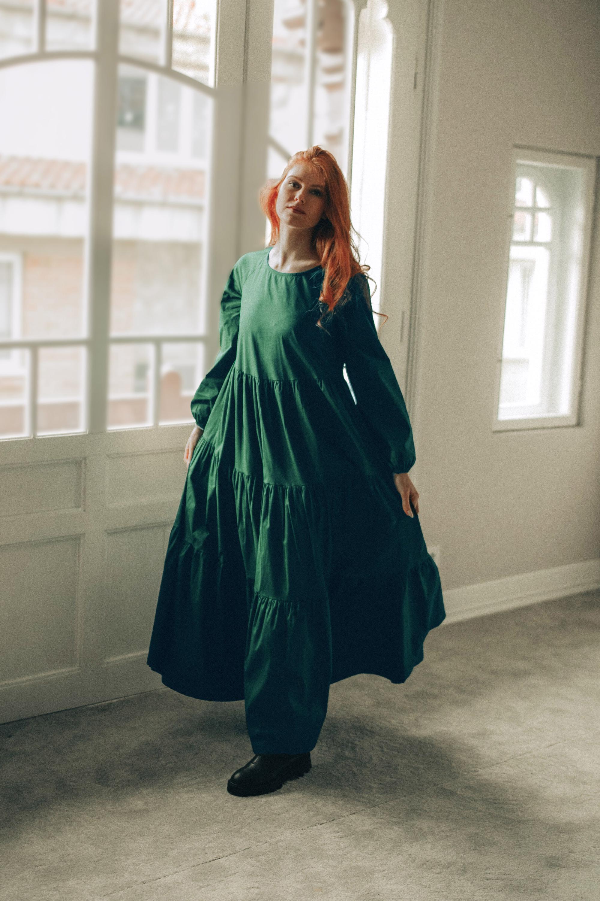 Deep Green Cotton Tiered Maxi Dress, Belted Gown, Autumn Clothing, Bohemian Dress, Spring Long Dress, S / Dark Green