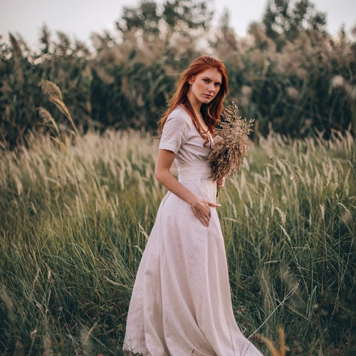 Linen Maxi Dress, Boho Wedding Gown, Summer Cream Wrap Dress