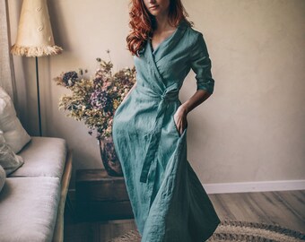 Wrap Linen Dress, Midi Wrap Dress for Women, Linen Shawl Collar Dress, Linen Summer Dress, Blue Green Linen Dress, Plus Size Clothing Women