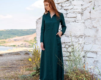 Robe caftan en lin émeraude, robe longue en lin, robe longue à manches longues, robe en lin vert foncé pour femme, vêtements en lin modestes, robe de printemps